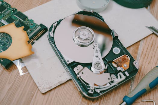 pexels photo 1082327 1082327 Close-up of a disassembled hard drive showing internal components on a wooden table.