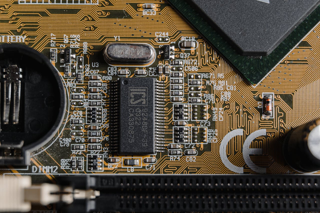 Detailed view of circuit components on a printed circuit board (PCB).